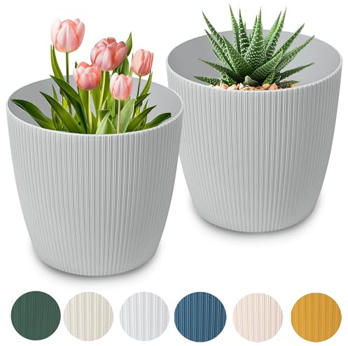 PECZEKO Macetas Mate Macetas Decorativas Hierbas Macetas Redondas de plástico duraderas y Ligeras para salón, Comedor, Cocina, terraza, balcón Juego de 2 Piezas (Gris, diámetro 19 cm)