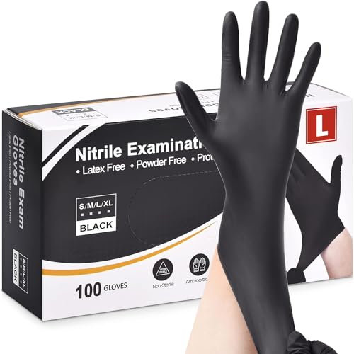 Black Nitrile Disposable Gloves - Latex & Powder Free, Extra Strong, Multi-Purpose, Surgical & Cleaning Gloves (LARGE)