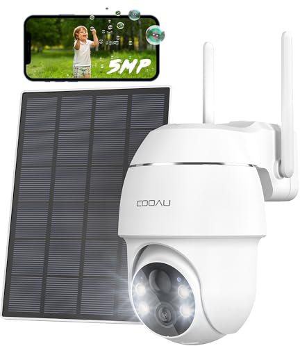 COOAU 5MP Überwachungskamera Aussen mit Solarpanel - 4dBi Kamera Überwachung Aussen Akku - WLAN Outdoor Kamera mit H.265-Videokomprimierung | 4 Spotlight | Cloud-Speicher | 2.4GHz