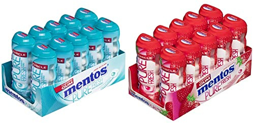 Mentos Chicle Menta Verde, Sin Azúcar - 10 unidades de 30 gr. (Total 300 gr.) & Mentos Chicle Fresa, Sin Azúcar - 10 unidades de 30 gr. (Total 300 gr.)