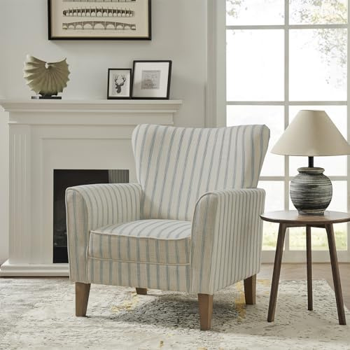 HULALA HOME Farmhouse Wingback Accent Chair, Upholstered Striped Armchair with Solid Wood Legs, Thick Seat Cushion for Living Room or Bedroom, Blue