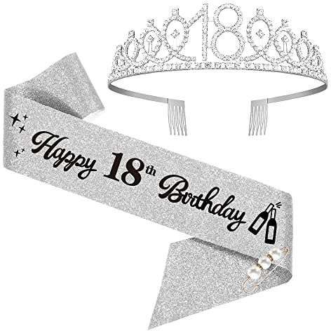 18. Geburtstags Tiara, Happy 18th Birthday Geburtstags-Krone Schärpe Set | Silber 18 Geburtstag Deko, 18. Geburtstag Mädchen, Alles Gute zum 18. Geburtstagsgeschenk, Partyzubehör