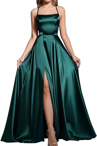 BABYONLINE D.R.E.S.S. Cocktailkleid, lang, schick, mit Schlitz, rückenfrei, A-Linie, Damen, lang, für Zeremonien, dunkelgrün, 42