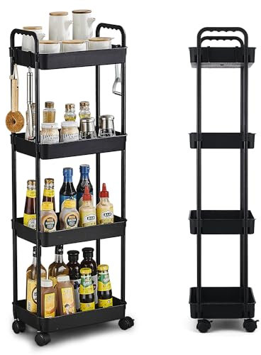 ZHUGE Rollwagen mit 4 Ebenen, Küchenwagen für Küche, Wäsche, Badezimmer, Büro, Bad, Nichenregal auf Rollen, Servierwagen, Aufbewahrungswagen,35 x 24 x 109cm, Schwarz