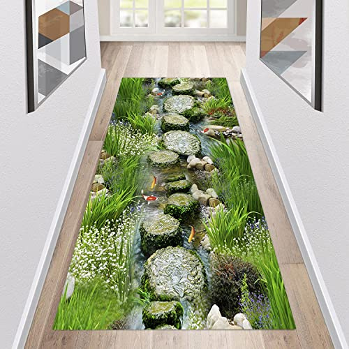 Teppich Läufer Flur rutschfest Küchenläufer Waschbar 3D Druckmuster 100X320CM Grün Korridor Teppichläufer Lang Küchenteppich Für Küche Wohnzimmer Schlafzimmer Teppichläufer Meterware Anpassbar