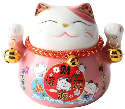 Gatto Maneki Neko, Salvadanaio per Gatti Portafortuna, Salvadanaio in Ceramica da 4,5 Pollici con Campane, Oggetto Kawaii Deco, Lucky Cat Porcellana, Gatto cinese Asia Decorazione, Fortuna(Gatto Rosa)