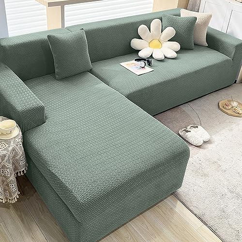 OKJK Sofabezug l Form, Jacquard Stretch Sofabezug, verdickter weicher und bequemer Stoff, Sofaschoner rutschfest für Wohnzimmer, staubdicht, Maschinen waschbar (Matcha Green,1-Seater 90-140cm)