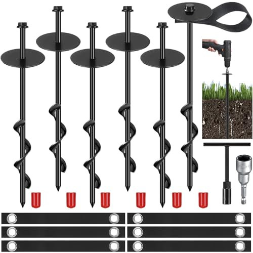 LEIFIDE Trampolinpfähle, Trampolin-Anker-Set, robuste Bodenanker, Trampolinteile, Stahlspiralpfähle, Erdspieße, Bodenwindpfahl mit Gurtbändern für Trampoline, Schaukel (12 Set)