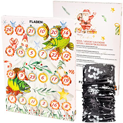 FLADEN Fishing Raubfisch Angler Adventskalender - Weihnachtskalender Angel Advents Kalender - mit 24 Überraschungen + Multifunktions Tuch