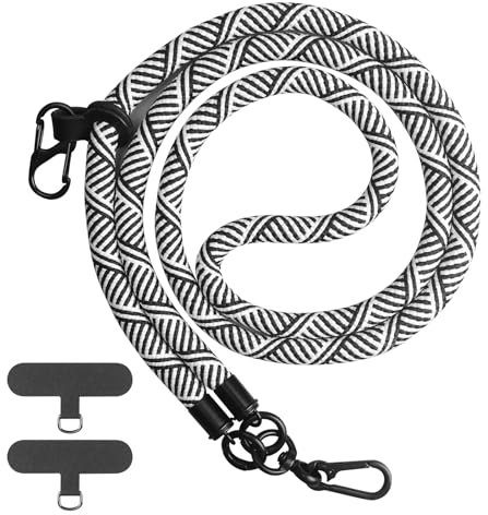 Gzerma Universal Cell Phone Lanyard Adjustable Nylon Neck Strap Crossbody Thick Rope Lanyard Spacer, with Ultra Thin Patch, Black White, 10mm