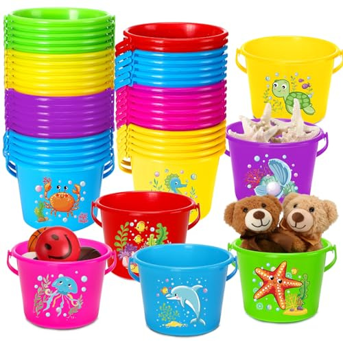 Jerify 30 Pack Mini Plastic Beach Bucket for Kids 6.3 Inch Small Beach Pail for Toddlers Summer Sandbox Toys Party Gift and Prize(Sea Animal)