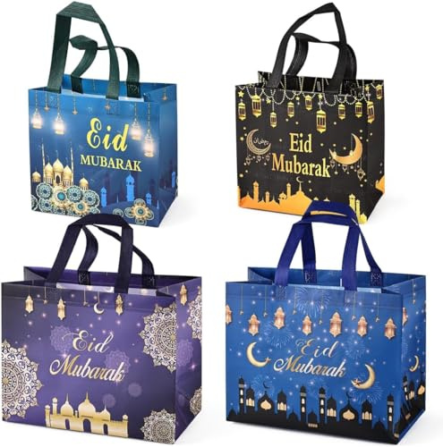 PARSUP 4PCS Eid Mubarak wiederverwendbare Geschenktaschen, Eid Mubarak Party Taschen, Multifunktionale Non-Woven Eid Taschen für Geschenkverpackung, Ramadan Kareem Party Supplies, 23×22×11cm