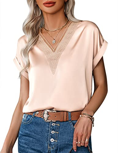 Zeagoo Magliette Donna Estive Manica Corta Camicia Elegante Blusa Scollo a V Silk Shirt Casual Tinta Unita T-Shirt Top L