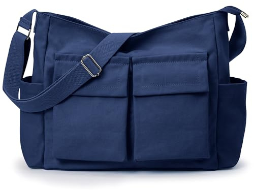Canvas Messenger Bag for Women Men, Large Crossbody Bag for College Work Travel Daily, Deep Blue