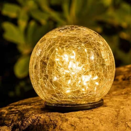 anso Lampe LED d'extérieur à énergie solaire en forme de boule en verre craquelé étanche (12 cm de lumière chaude)