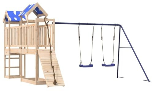 vidaXL Spielturm, Klettergerüst mit Brücke Kletterwand Seil Schaukeln, Kinder Kletterturm Spiel-Zubehör für Garten, Holz Spielplatz Spielhaus, Massivholz Kiefer