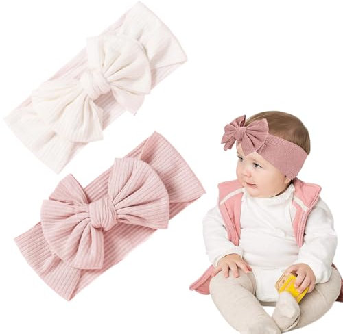 AIYVELU 2 Pcs Bandeau pour Bébé Fille, Bandeau pour Bébé Fille, Bandeau élastique avec nœud, Bandeau avec nœud, Bandeau Turban pour Bébé Fille, Blanc, Rose