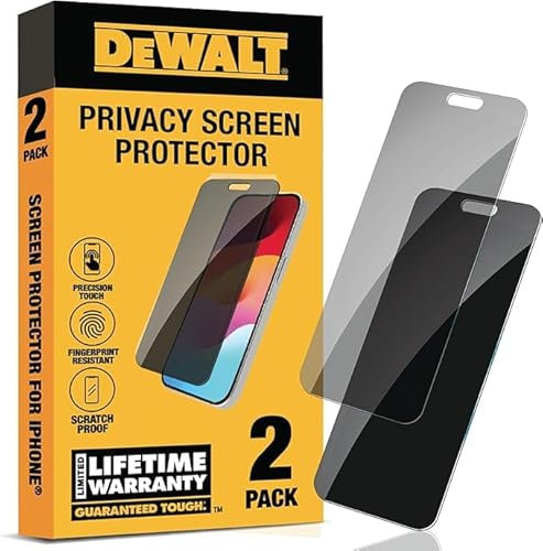 DEWALT Heavy Duty 2Pack Privacy Screen Protector for iPhone 13 Pro Max/14 Plus, Sensor Protection Dynamic Island Compatible AntiSpy Tempered Glass [9H Hardness] Case Friendly High Response, HD Quality