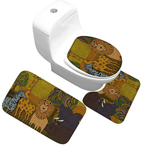 Bad Teppiche Set 3-Teiliges Gelbe Retro Tiere WC Vorleger Mit Ausschnitt Badematte Saugfähig WC Deckelbezug Badvorleger rutschfest Waschbar Toilettensitzbezug Badgarnitur (50x80cm)