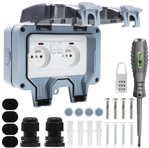 Prise Exterieure Etanche IP66 Double Prise de Courant et Volet de Protection Multiprise Electrique Murale de Jardin, Prise Anti-Poussière et Coupe-Vent avec Interrupteur, Voyant Lumineux (MPG2-FSN)