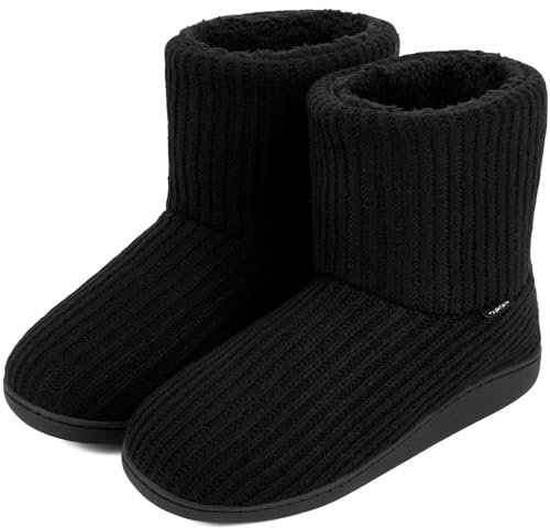 GURGER Hüttenschuhe Herren Hausschuhe Warm Plüsch Gefüttert Hausstiefel Winter Strick Gestrickte Hüttenstiefel Hauss Pantoffeln Rutschfeste Feste Sohle für Männer Schwarz Größe 44 45