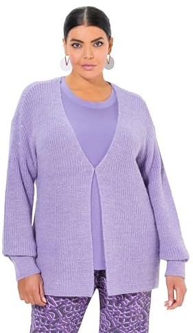 Ulla Popken Damen große Größen Übergrößen Plus Size Strickjacke, Pailletten, Oversized, Rippstrick, V-Ausschnitt Lavendel 50+ 835550814-50+