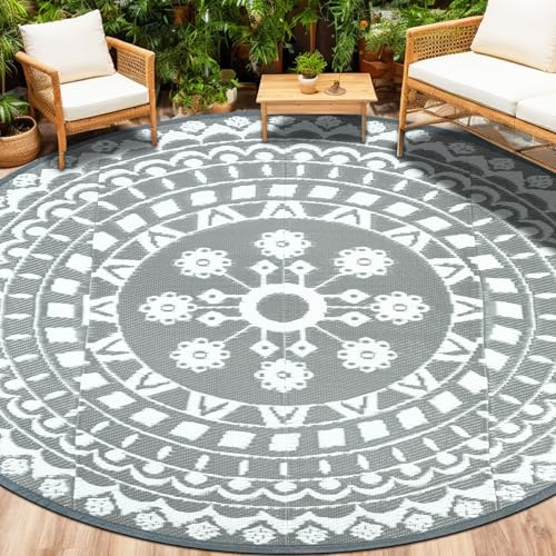 Capslpad Tapis d'extérieur rond - 240 cm - Résistant aux intempéries - En plastique - Léger - Pour balcon, pique-nique, camping, jardin, terrasse, plage, camping-car, gris