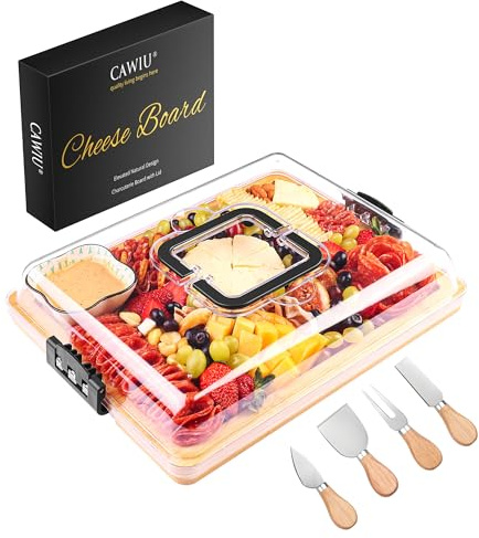 CAWIU Charcuterie Board with Lid and Handle - Portable Travel Design Bamboo Cheese Board Set with 4 Cheese Tools, Gift for Housewarming, Weddings, Picnics(1 Compartment, Black)