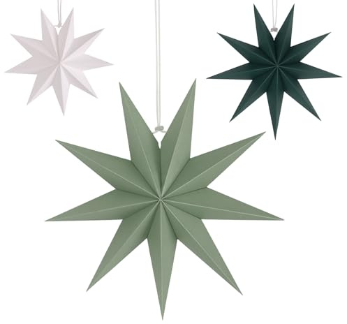 Papiersterne Weihnachten 40cm & 30cm & 25cm - Dunkelgrün,Hellgrün,Weiß - 9 Zackig Stern zum Weihnachtskugel Aufhängen Faltstern Weihnachten Papier Stern Weihnachts Set Dekoration