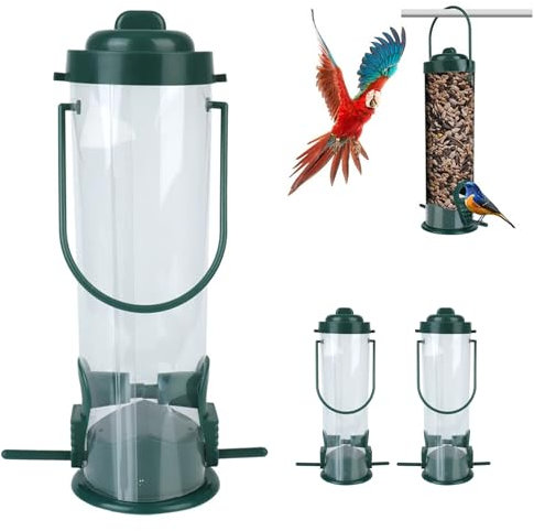2 Stück Futtersäule, Kompakte Vogelfuttersäule mit Anflugstangen, Grün Futterhaus für Vögel, Vogelfutterhaus zum Aufhängen, 2 Anschlüsse, für Sämereien Futterspender in Garten,Terrasse,Balkon