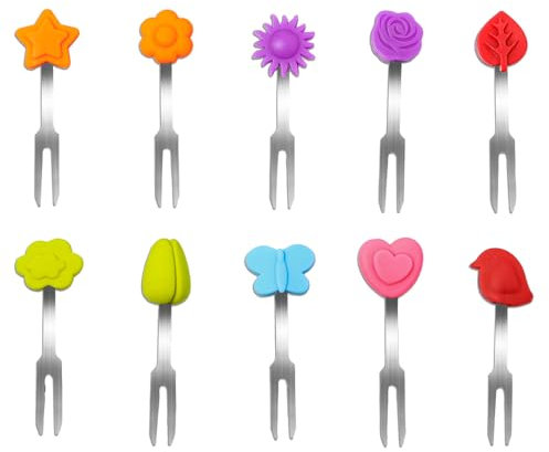 Keboyoe 10 Pezzi Forchetta da Frutta a Decorazione in Silicone Mini Forchette da Frutta Stuzzicadenti Riutilizzabili Forchette da Frutta in Acciaio Inox per Dessert, Frutta, Insalata, Antipasto