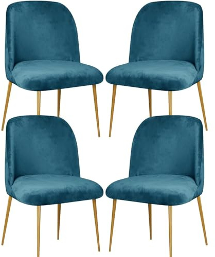 Set di 4 sedie da pranzo moderne con schienale curvo in velluto blu pavone, per arredamento della casa di metà secolo, comode ed eleganti mobili per sala da pranzo