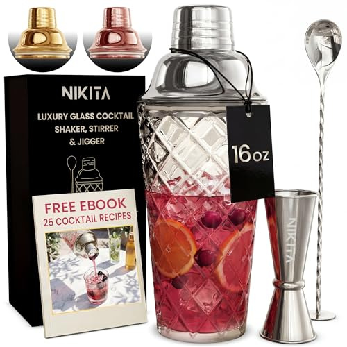 Silbernes Cocktail-Shaker-Glas-Set – Glas-Cocktail-Shaker-Set mit Sieb – 5 Stück – 450 ml – passender Messbecher und Barlöffel mit Stößel – Martini-Getränke-Shaker – Luxus-Geschenkbox