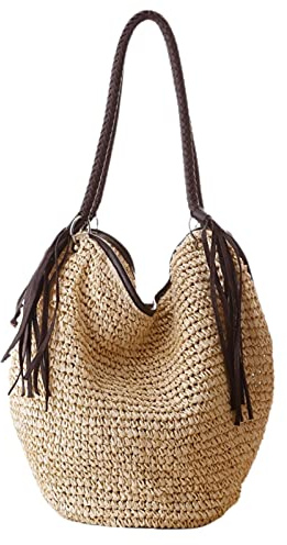 Ymnilian Bolso Rafia Mujer, Bolsos de Rafia Bolsas de Playa de Gran Paja Mujeres Bolsos de Verano Femenino Femenino Casual Mujeres Bolsas de Mujer Bolsa de Hombro Cerradura de Tassel(Beige)