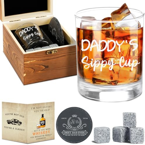 Amosking Dad Birthday Gifts, Daddy's Sippy Cup Whiskey Glass 11 OZ | Gift Ideas for New Dad, Husband, Boyfriend from Daughter, Wife, Son, Girl, Dad Gifts for Fathers Day, Birthday, Christmas