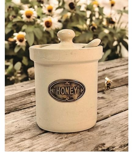 Fyne-Finds Ceramic Cream Honey Jar with Lid & Spoon Vintage Rustic Storage Jar Set Home Kitchen Table