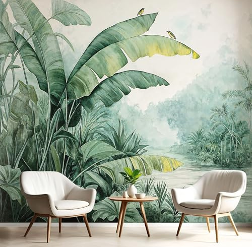 Carta Da Parati Foglie Di Banano 350×256Cm Carta Da Parati In Tessuto Di Seta, Giungla Tropicale Adatto Per Soggiorno, Camera Letto, Cucina, Mobili Per Ufficio Pareti Decorazione Murale Verde