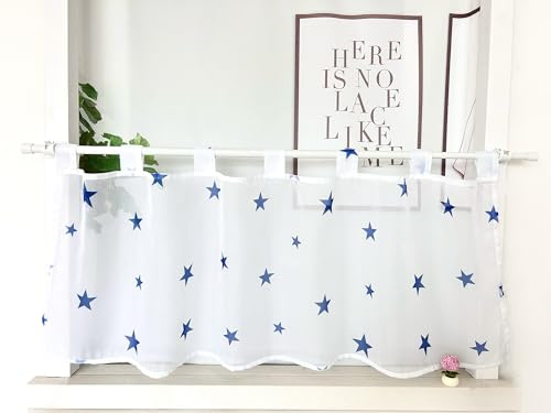 Devola Voile Scheibengardine mit Sternen, Schlaufen, Blau HxB 45x60cm | Transparent Kurzgardine Modern Kurzstore Bistrogardine mit Bedruckt, Kleinfenster Gardine für Kinderzimmer Wohnzimmer