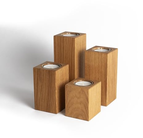Handgefertigter Teelichthalter aus Eiche – Holz Kerzenhalter in 4 Höhen (8, 11, 14, 17 cm), massiv & modern, Teelichthalter Set für Tischdeko, Geschenk & Wohnzimmer (4er Set (8, 11, 14 & 17cm))