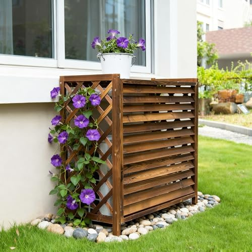 Housse Climatiseur Extérieur Marron Cache Climatiseur Extérieur Bois Cache Clim Anti-Corrosion Support De Climatiseur En Bois Support De Fleur Bois Massif Jardin Cache Pompe a Chaleur(86x35x80cm)