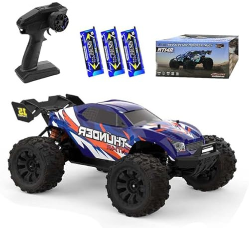 Ledovan 100KM/H Ferngesteuertes Auto Bürstenloser Motor, 1:14 Hochgeschwindigkeits RC Monstertruck Off-Road für Erwachsene, 4WD All Terrain RC Auto, 3 Batterien(Blau)
