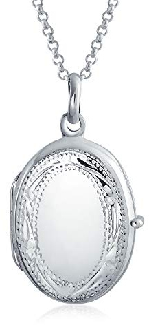 Bling Jewelry Anpassbare .925 Sterling Silber Oval Medaillon Halskette Für Frauen Personalisierter Vintage Antik Stil Mit Graviertem Blattmuster Hält Zwei Erinnerungsfotos