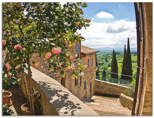 ARTLAND Wanddeko Glasbilder Wandbild Glas Bild einteilig 80x60 cm Querformat Toskana Italien Natur Landschaft Garten Rosen Balkon Ausblick Sommer T4QS