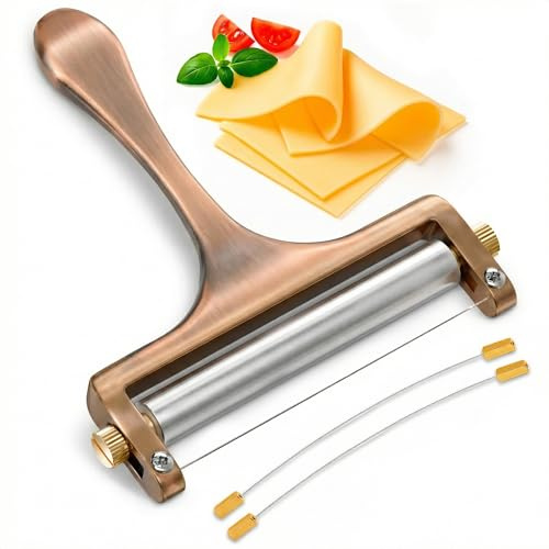Stainless Steel Cheese Slicer for Block Cheese – Effortless Even Slices Every Time, Handheld Wire Slicer with Adjustable Thickness for Mozzarella, Cheddar, Gruyere, 2 Replacement Wires, Bronze Finish