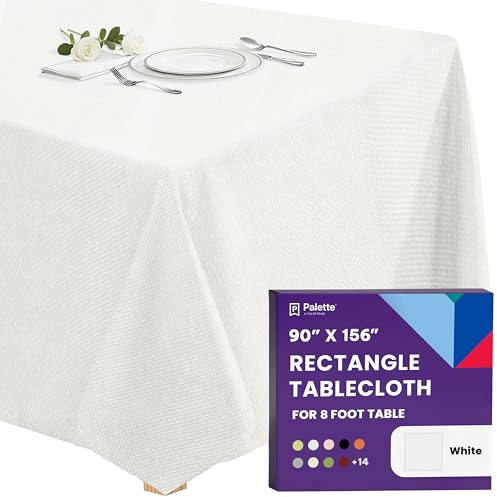 Gee Di Moda Rectangle Tablecloth - 90 x 156 Inch White Table Cloth for 8 Foot Tables with Floor-Length Drop - Heavy Duty Washable Fabric for Holiday Party, Dinner, Weddings & Baby Shower