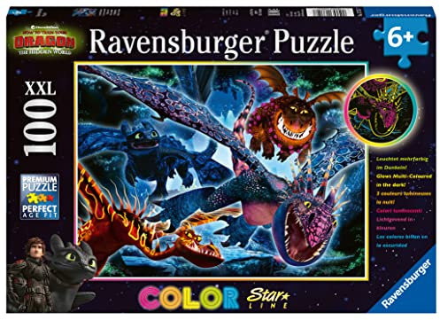 Ravensburger Kinderpuzzle - 13710 Leuchtende Dragons - Dragons-Leuchtpuzzle für Kinder ab 6 Jahren, mit 100 Teilen im XXL-Format, Leuchtet im Dunkeln