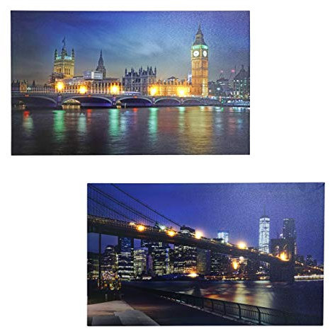 Mendler 2er-Set LED-Bild, Leinwandbild Leuchtbild Wandbild, Timer Bridges 40x60cm