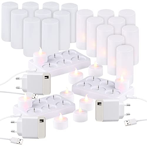 Lunartec Akku Teelicht-Kerzen: 3er-Set, je 6 LED-Akku-Teelichter, flackernde Flamme, Teelichthalter (aufladbare LED Teelicht-Sets, LED-Candles, Stimmungslicht)