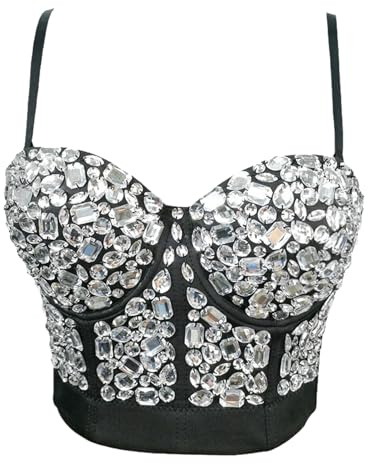 Woboren Damen Strass Diamant Push Up Bustier Crop Top Gothic Punk Korsett Clubwear Party BH Bluse Tops