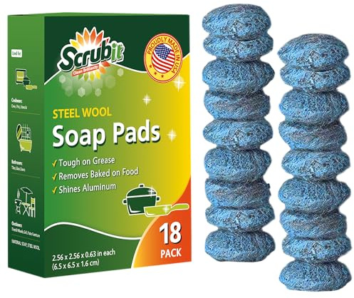 18 Pack Steel Wool Soap Pads by SCRUBIT - Metal Scouring Cooktop Cleaning Pads Used for Dishes, Pots, Pans, and Ovens - Pre-Soaped for Easy Cleaning of Tough Kitchen Grease and Oil